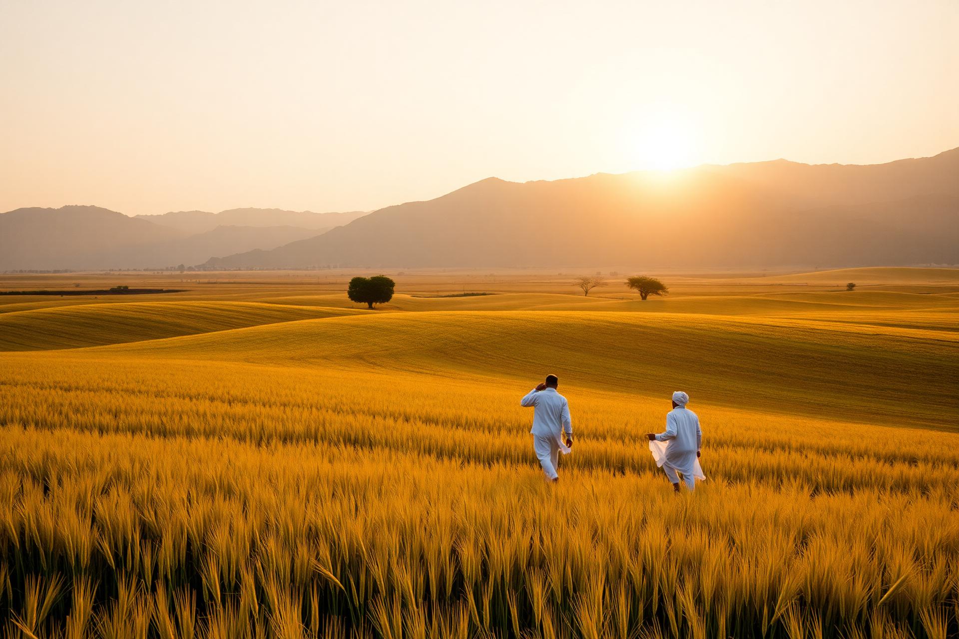 Sunlit organic wheat field at golden hour with farmers walking through